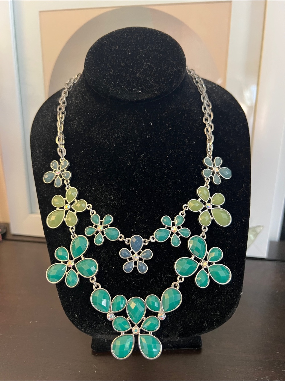 Statement Floral Bib Necklace in Green and Light Green